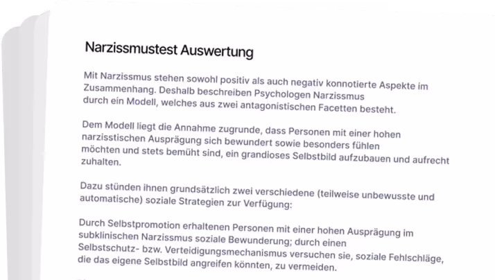 Textseite mit Überschrift 'Narzissmustest Auswertung'